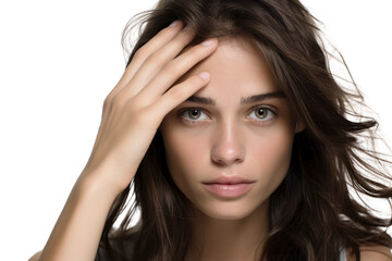 Fototapeta premium A young woman with medium-length brown hair covers her left eye with her hand, isolated on white background