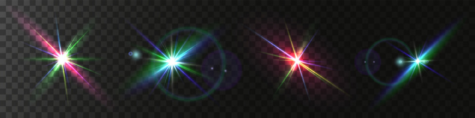 The image shows a multi-colored starlight including sunlight and dawn effect. Rainbow star. The star shines with a rainbow of red yellow and blue colors. Optical effect of fire light. Vector lens
