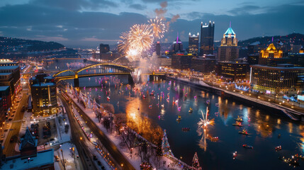 vibrant New Years Eve celebration lights up night sky with fireworks over city skyline, reflecting beautifully on river. festive atmosphere is enhanced by decorated trees and illuminated buildings