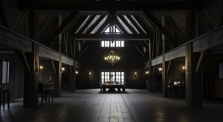 Naklejka premium Spacious barn interior featuring wooden beams and flooring, adorned with a central chandelier and abundant natural light from surrounding windows. 