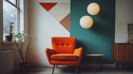 Vintage-Inspired Living Room With Orange Armchair And Abstract Wall Art