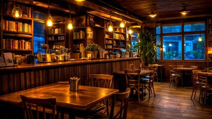 Cozy Cafe Interior with Wooden Furniture and Bookshelves, Warm Lighting, Night Photography, Inviting Atmosphere, Relaxing Ambiance, Coffee Shop Design, Rustic Decor, Intimate Space, Evening Vibes