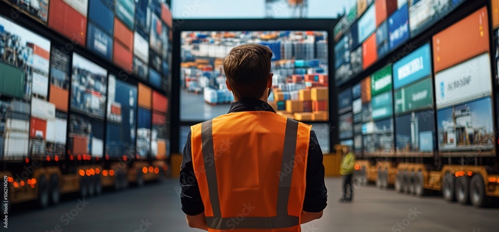 Poster A man in a safety vest stands in front of a large digital screen displaying a container port, surrounded by stacked shipping containers.