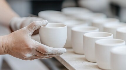 Artisan craftsmanship captured in a serene studio setting while creating exquisite ceramic cups and mugs with a neutral color palette