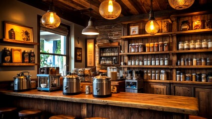 Cozy Coffee Shop Interior with Rustic Shelves and Displayed Coffee Beans in Jars and Bowls - Warm Ambiance, Tilt-Shift Photography, Rustic Decor, Coffee Culture