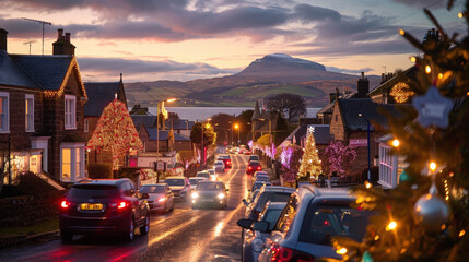 Fototapeta premium festive street lined with beautifully decorated houses, showcasing vibrant holiday lights against stunning mountain backdrop. scene captures warmth and joy of season