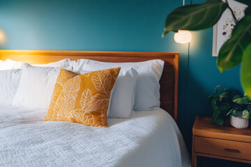 Cozy bedroom setting with teal walls and a bright yellow pillow on the bed