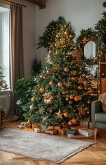 Christmas tree in the living room with gift boxes and handmade decoration