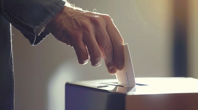 Hand pressing voting ballot button on electronic voting machine in modern polling station, highlighting democratic process and civic duty.