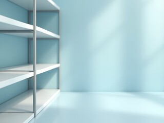 Modern minimalist empty white shelves in a light blue room