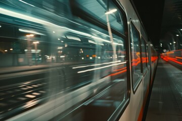 Fototapeta premium A sleek train speeds through a modern station, its blurred motion capturing the essence of fast-paced urban travel and vibrant city life.