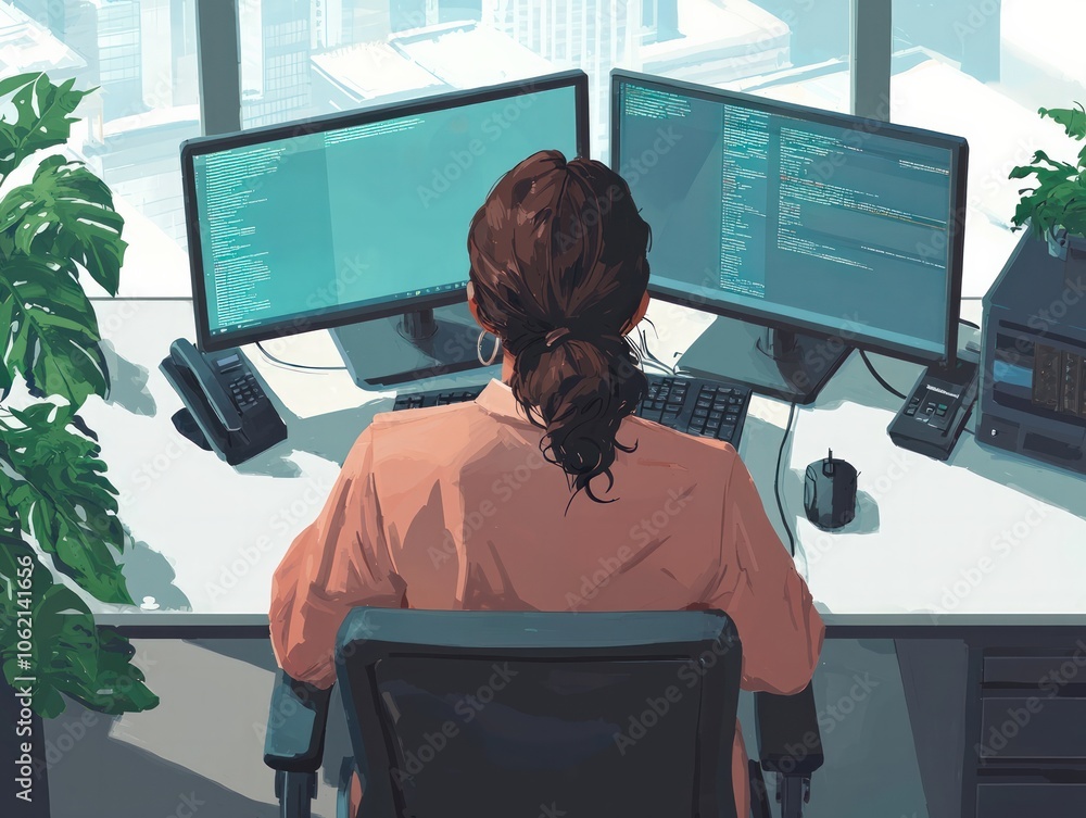 Poster a female software developer analyzes code on dual screens in a modern office environment fostering i