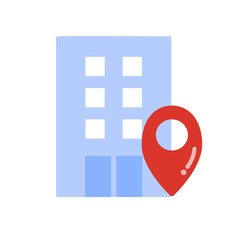 Building with location pin mark icon. Direction, distance, position, navigation concepts. Flat vector design isolated illustration.