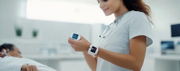 Nurse using wrist-worn health monitor on patient, futuristic healthcare tech, bright room