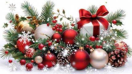 festive arrangement of Christmas decorations featuring red and gold ornaments, evergreen branches, and beautifully wrapped gift. scene evokes joyful holiday spirit