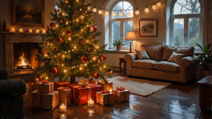 Painting of a decorated Christmas tree adorned with red and gold ornaments, lights, and gift boxes beneath. The cozy, softly lit living room in the background enhances the festive ambiance.