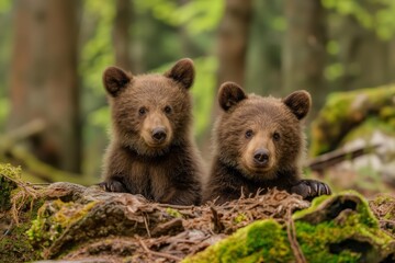 Obraz premium Two baby bears are sitting on a log in a forest