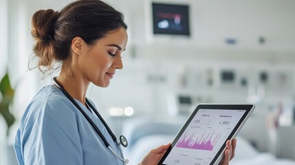 Nurse with tablet showing patient progress over time, advanced data visualization, patient-centered care