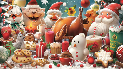 festive Christmas scene filled with quirky illustrations of cheerful characters, delicious treats, and holiday decorations, creating joyful and whimsical atmosphere