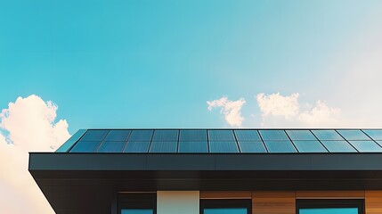 Naklejka premium Close-Up of a Building with Solar Panels on Roof Under a Bright Blue Sky