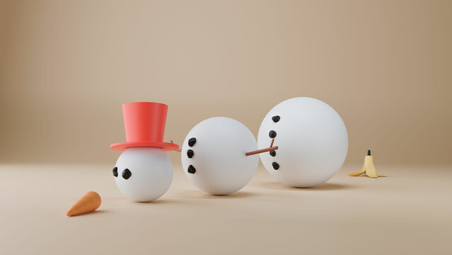 Boneco de neve com uma cartola vermelha caido