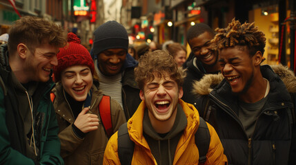 Obraz premium Laughter fills air as group of friends enjoys fun day out shopping together in vibrant city. Their joyful expressions reflect warmth of friendship and shared moments