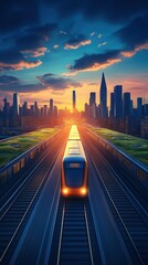 Fototapeta premium Train journey through city skyline at sunset.