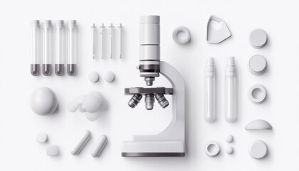 Medical lab equipment, test tubes and microscope, 3D illustration, isolated on white background