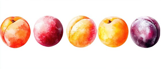 Mixed row of stone fruits like peaches, plums, and apricots, vibrant and juicy, isolated on white background