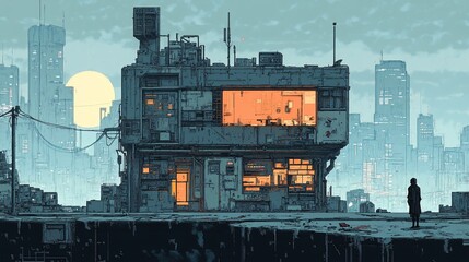Naklejka premium A lone figure stands before a futuristic building in a cityscape at dusk.