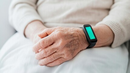 Wearable device on elderly patient, real-time health data monitoring, gentle lighting, focus on personal care