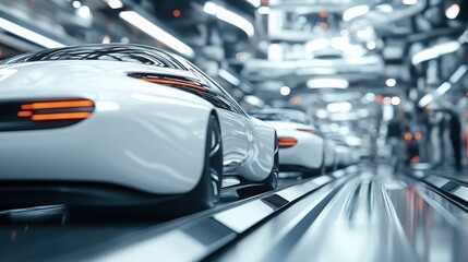 Fototapeta premium White Sports Cars on Assembly Line.