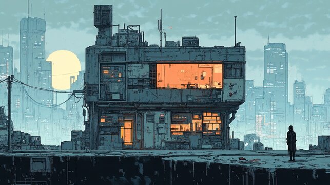 A lone figure stands before a futuristic building in a cityscape at dusk.