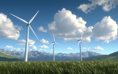 Renewable energy wind turbines, mountainous landscape, cloudy sky, 3D illustration