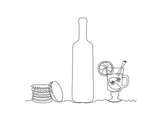 Glass bottle with wine,port, alcohol. wine glass, mulled wine, stack of cookies , continuous single line art drawing sketch, logo