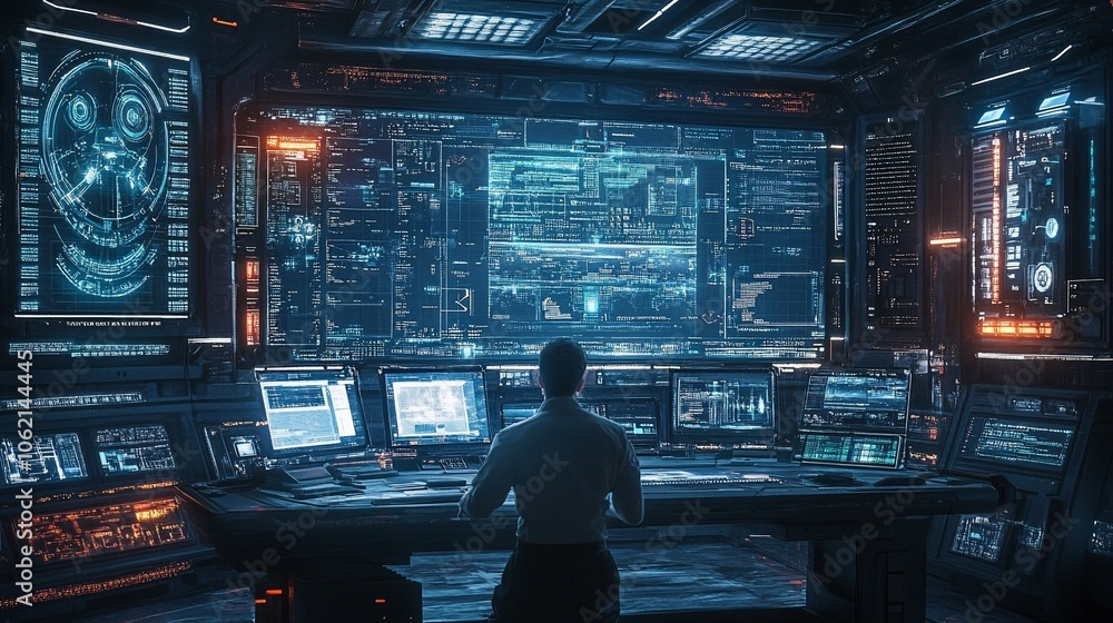 Poster A man sits at a futuristic workstation in a high-tech control room, monitoring a large screen displaying complex data.