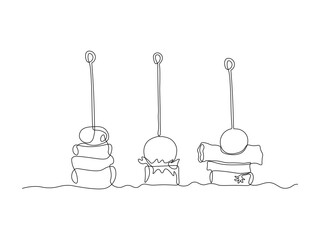 set of three sandwiches canapes on skewers, continuous single line art drawing sketch, logo