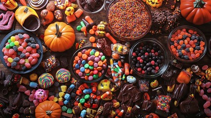 A Halloween candy table overflowing with a variety of treats, from chocolates to gummies, all ready for trick-or-treaters.