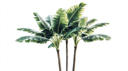 Three tall palm trees with lush green leaves against a white background