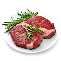 Fototapeta premium Fresh cuts of beef on a white plate with sprigs of rosemary garnish