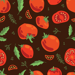 Seamless pattern of ripe tomatoes. Vegetables. Red tomatoes. Juicy Harvest. Healthy food. Vector illustration.