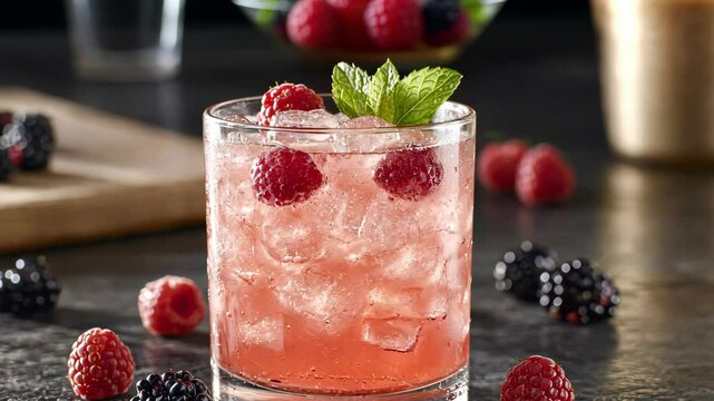 A refreshing raspberry drink with ice and mint garnished in a clear glass on a black counter
