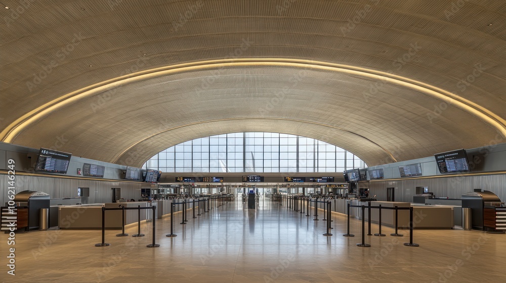 Poster modern airport terminal with arched ceiling and large windows, showcasing check-in counters and depa