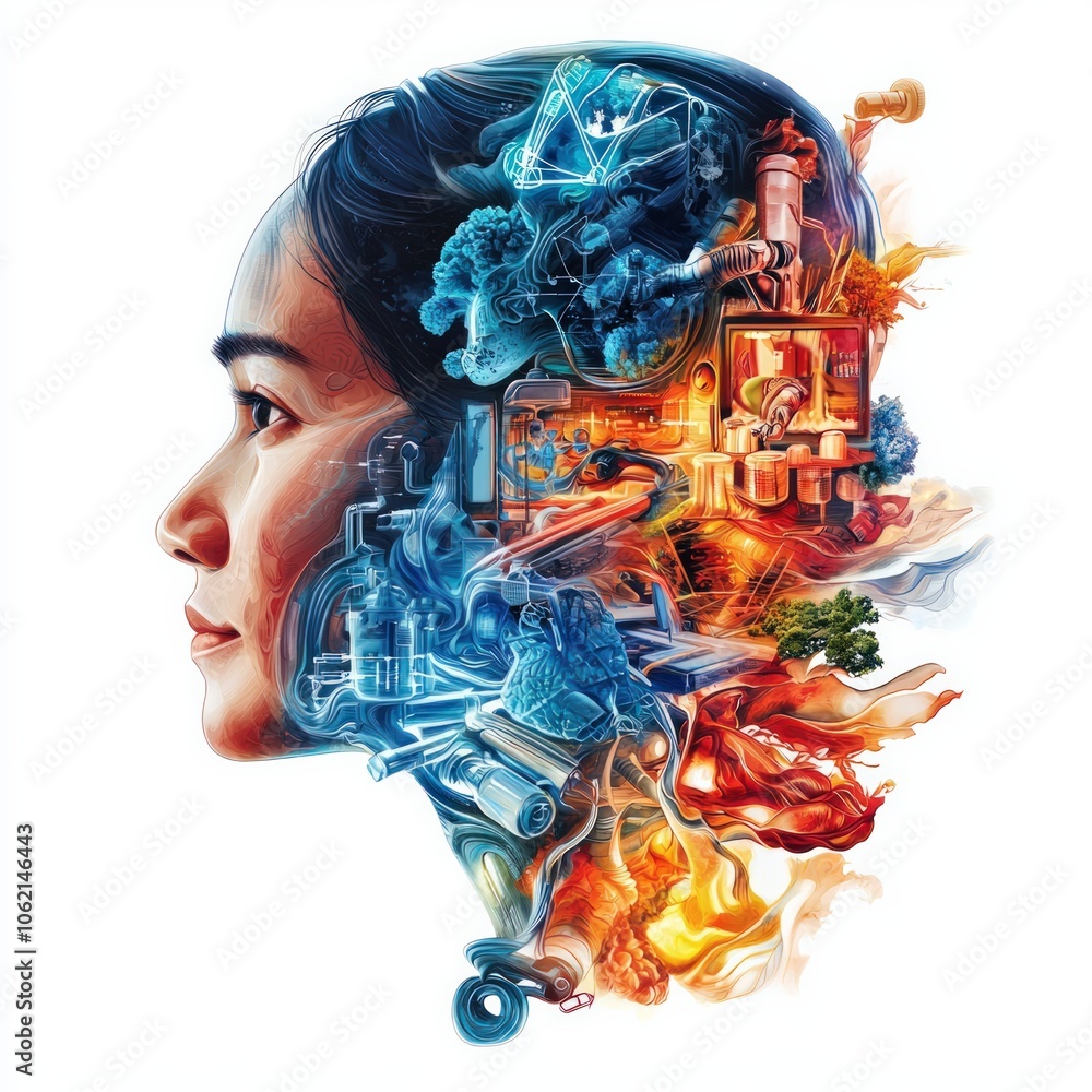 Poster innovative scientist explores complex relationships between technology and nature in surreal artisti