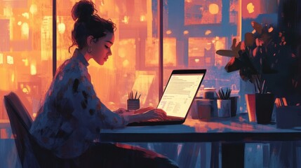 Woman Working on Laptop at Night