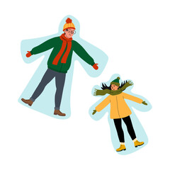 Kids creating snow angels in winter attire during a snowy day in the park