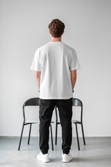 A mockup of the back of a blank white oversized t-shirt, the back of a a man wearing a blank white shirt, black pants and white shoes, in a minimalistic style,generative ai