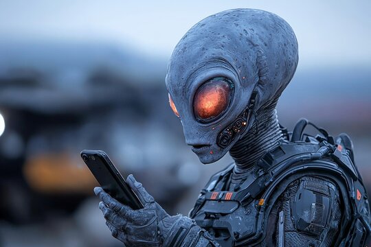Decorative illustration of an extraterrestrial alien looking at a smartphone against a dark background while wearing a bald gray hat.