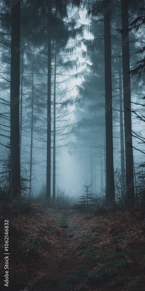 Poster a forest with trees and a path. the sky is cloudy and the light is dim