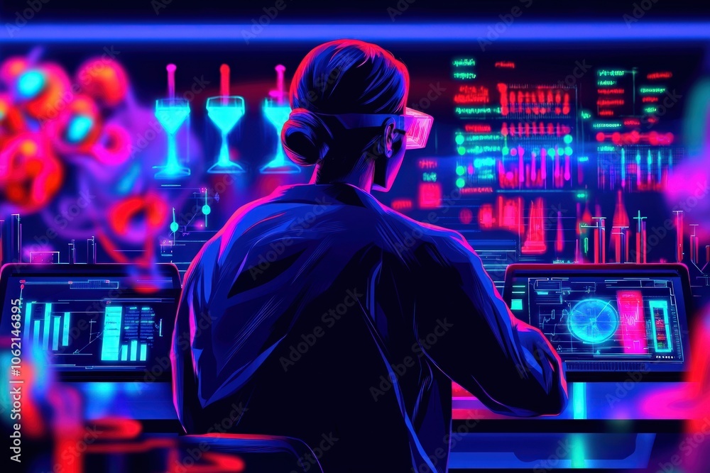 Poster scientist analyzes data on futuristic display while wearing smart glasses in a high-tech laboratory 